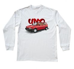 Fiat Uno — bluzka z długim rękawem (Rozmiar: 3 - 4 lata; Kolor koszulki: biały; Rodzaj nadruku: Fiat Uno). Białe bluzki z długim rękawem nikiniki, s, bez wzorów, z bawełny, bez kołnierzyka, bez ramiączek. Za 69.00 zł.