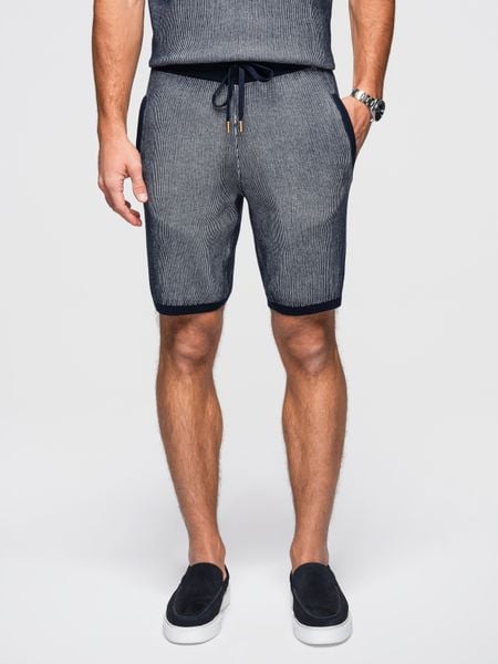 Męskie szorty dzianinowe z regulacją w pasie - granatowe V3 - Rozmiar: M. Niebieskie szorty Ombre Clothing, m, bez wzorów, z bawełny, wizytowe. Za 249.99 zł.