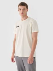 4F T-shirt regular gładki męski - beżowy S. Brązowe t-shirty 4F, m, bez wzorów, z bawełny, bez kołnierzyka, bez ramiączek. W wyprzedaży za 29.99 zł.