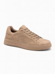 Jednolite casualowe męskie buty z eko nubuku – jasnobrązowe V1 OM-FOCS-0151 - 45. Brązowe buty sportowe casual Ombre Clothing, z aplikacjami, z gumy, bez zapięcia. Za 189.99 zł.