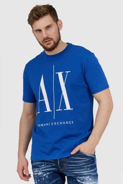 ARMANI EXCHANGE Niebieski t-shirt męski z dużym logo, Rozmiar XXL. Niebieskie t-shirty Armani Exchange, l, bez wzorów, prążkowane, bez kołnierzyka, bez ramiączek. W wyprzedaży za 159.99 zł.