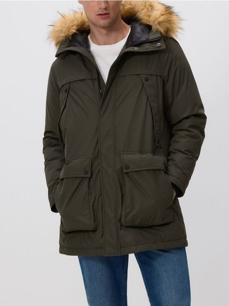 Kurtka parka z kapturem - ciemnozielony. Zielone kurtki Reserved, l, bez wzorów, z tkaniny, z kapturem. W wyprzedaży za 129.99 zł.
