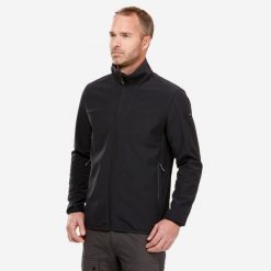 Kurtka softshell turystyczna męska Quechua MT100. Czarne kurtki FORCLAZ, l, bez wzorów, z polaru, bez kaptura. Za 199.99 zł.