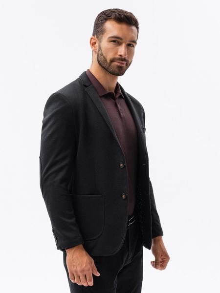 Marynarka męska casual z kontrastowymi elementami - czarna V3. Czarne garnitury Ombre Clothing, na co dzień, m, bez wzorów, z materiału, casualowe. W wyprzedaży za 109.99 zł.