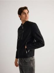 Kurtka typu biker z imitacji skóry - czarny. Czarne kurtki Reserved, l, bez wzorów, ze skóry, bez kaptura. Za 239.99 zł.