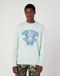 WRANGLER VARSITY MĘSKA BLUZA KLASYCZNA LOGO NADRUK CREW SURF W6G9I3X6U 112331912. Bluzy Wrangler, m, bez wzorów, bez kaptura. Za 119.99 zł.