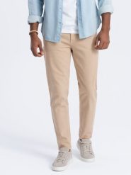 Jeansowe spodnie męskie bez przetarć SLIM FIT - beżowe V8 - Rozmiar: XXL. Brązowe spodnie treningowe długie Ombre Clothing, m, bez wzorów, z bawełny. W wyprzedaży za 89.99 zł.