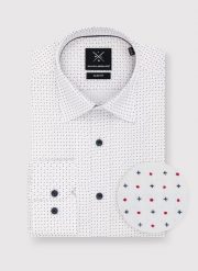 PAKO LORENTE – Biała koszula w granatowo-czerwony mikrowzór. Białe koszule Pako Lorente, m, bez wzorów, z bawełny, bez kołnierzyka, bez ramiączek. Za 119.99 zł.