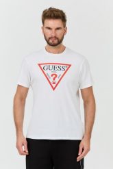 GUESS Biały t-shirt z dużym logo Clsc Tri Logo. Białe t-shirty Guess, l, z aplikacjami, bez kołnierzyka, bez ramiączek. W wyprzedaży za 169.99 zł.