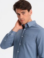 Męska koszula SLIM FIT z ozdobnej tkaniny z kieszonką – niebieska V1 OM-SHCS-0174 - XXL. Niebieskie koszule Ombre Clothing, l, bez wzorów, z bawełny, bez kołnierzyka, bez ramiączek. W wyprzedaży za 119.99 zł.