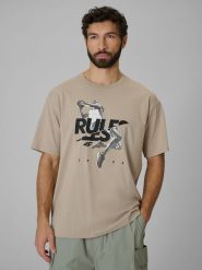 4F T-shirt loose z nadrukiem męski - beżowy M. Brązowe t-shirty 4F, m, bez wzorów, z bawełny, bez kołnierzyka, bez ramiączek. Za 69.99 zł.