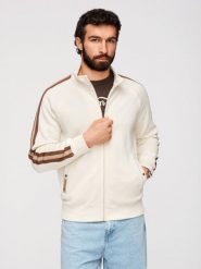 Męska bluza dresowa z wysokim kołnierzem i lampasami – kremowa V3 - Rozmiar: M. Białe bluzy Ombre Clothing, m, z aplikacjami, z bawełny, bez kaptura. Za 209.99 zł.