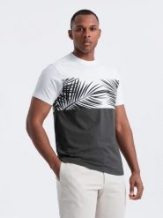 Męski t-shirt dwukolorowy z nadrukiem w liście palmy - grafitowy V2 - Rozmiar: M. Szare t-shirty Ombre Clothing, m, bez wzorów, z bawełny, bez kołnierzyka, bez ramiączek. W wyprzedaży za 38.50 zł.
