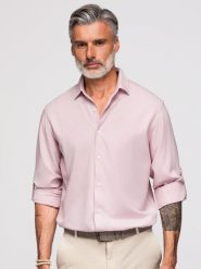 Wiskozowo-lniana koszula męska o kroju regular - pastelowy róż V3 - Rozmiar: L. Czerwone koszule Ombre Clothing, l, bez wzorów, z denimu, bez kołnierzyka, bez ramiączek. Za 289.99 zł.