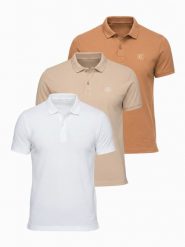 Komplet bawełnianych t-shirtów męskich polo BASIC – biały/cielisty/jasnobrązowy V6. Białe koszulki polo sportowe Ombre Clothing, m, bez wzorów, z bawełny, bez kołnierzyka, bez ramiączek. Za 249.99 zł.