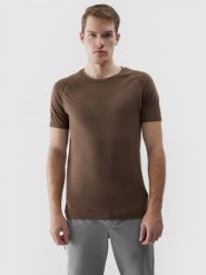 4F Koszulka bezszwowa do biegania w terenie męska - brązowa S/M. Brązowe t-shirty 4F, m, bez wzorów, z dzianiny, bez kołnierzyka, bez ramiączek. W wyprzedaży za 59.99 zł.
