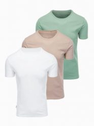 Zestaw męskich koszulek bawełnianych BASIC z okrągłym dekoltem – szarozielony/biały/beżowy V14 - Rozmiar: M. Szare t-shirty Ombre Clothing, m, bez wzorów, z bawełny, bez kołnierzyka, bez ramiączek. W wyprzedaży za 97.99 zł.