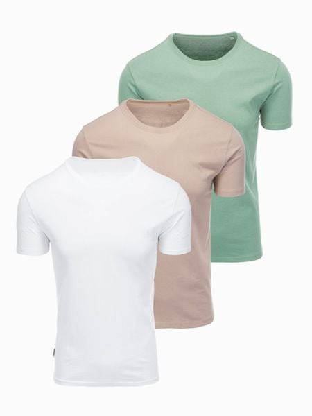 Zestaw męskich koszulek bawełnianych BASIC z okrągłym dekoltem – szarozielony/biały/beżowy V14 - Rozmiar: S. Szare t-shirty Ombre Clothing, m, bez wzorów, z bawełny, bez kołnierzyka, bez ramiączek. Za 169.99 zł.