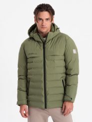 Zimowa kurtka męska z odpinanym kapturem - oliwkowa V1 OM-JAHP-0150 - S. Zielone kurtki Ombre Clothing, na zimę, m, bez wzorów. W wyprzedaży za 129.99 zł.