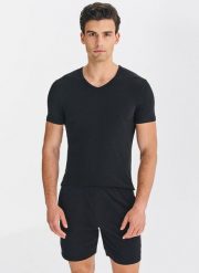 PAKO LORENTE – T-shirt v-neck w czarnym kolorze, dwupak. Czarne t-shirty Pako Lorente, xl, bez wzorów, z bawełny, bez kołnierzyka, bez ramiączek. Za 99.99 zł.
