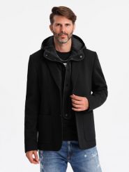 Marynarka męska z podpinką z wysokim kołnierzem i kapturem – czarna V2 OM-BLZB-0133 - XXL. Niebieskie garnitury Ombre Clothing, l, z aplikacjami, z dzianiny. Za 419.99 zł.