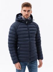Kurtka męska pikowana z kapturem - ciemnoniebieska V1 C606 - XXL. Niebieskie kurtki Ombre Clothing, l, bez wzorów, z poliesteru, z kapturem. W wyprzedaży za 139.99 zł.