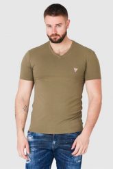 GUESS Khaki t-shirt męski w serek z elastanem. Zielone t-shirty Guess, m, z aplikacjami, z elastanu, bez kołnierzyka, bez ramiączek. W wyprzedaży za 99.99 zł.