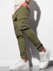Spodnie męskie JOGGERY z kieszeniami cargo - oliwkowe V18 P886 - XXL. Zielone joggery i bojówki Ombre Clothing, l, bez wzorów, z bawełny. W wyprzedaży za 69.99 zł.