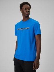 4F T-shirt regular z nadrukiem męski - niebieski S. Niebieskie t-shirty 4F, m, bez wzorów, z bawełny, bez kołnierzyka, bez ramiączek. Za 69.99 zł.
