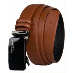 Pasek męski w jasnobrązowym kolorze wykonany ze skóry naturalnej z automatyczną, czarną klamrą Peterson PTN A014-AB TAN. Brązowe paski Peterson, bez wzorów, ze skóry, eleganckie. Za 59.99 zł.