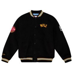 Kurtka Minneapolis Lakers NBA Varsity. Czarne kurtki Mitchell & Ness, m, bez wzorów, bez kaptura. W wyprzedaży za 928.50 zł.