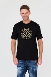 JUST CAVALLI Czarny t-shirt Fiche Gold. Czarne t-shirty Just Cavalli, m, bez wzorów, bez kołnierzyka, bez ramiączek. W wyprzedaży za 349.99 zł.