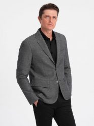 Marynarka męska z łatami na łokciach - czarna V5 OM-BLZB-0108 - L. Czarne garnitury Ombre Clothing, l, bez wzorów, z bawełny. W wyprzedaży za 139.99 zł.