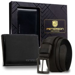 Zestaw prezentowy: skórzany portfel męski w czarnym kolorze bez zapięcia i czarny pasek ze skóry naturalnej - Peterson. Czarne portfele Peterson, bez wzorów, ze skóry. Za 129.99 zł.