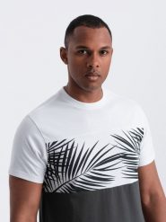 T-shirt meski dwukolorowy z nadrukiem w liście palmy - grafitowy V2 OM-TSPT-0177 - XXL. Szare t-shirty Ombre Clothing, l, bez wzorów, z dzianiny, bez kołnierzyka, bez ramiączek. W wyprzedaży za 29.99 zł.