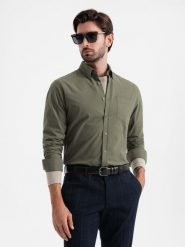 Bawełniana męska koszula REGULAR FIT z kieszenią - khaki V4 OM-SHOS-0153 - L. Brązowe koszule Ombre Clothing, l, bez wzorów, z bawełny, bez kołnierzyka, bez ramiączek. Za 55.19 zł.