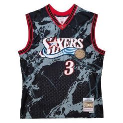 Marmurowa koszula Philadelphia 76ers NBA Team Swingman 2000/01. Czarne koszule Mitchell & Ness, bez wzorów, z poliesteru, bez kołnierzyka, bez ramiączek. Za 636.50 zł.