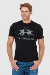 LA MARTINA Czarny t-shirt męski z szarym logo. Czarne t-shirty La Martina, l, bez wzorów, prążkowane, bez kołnierzyka, bez ramiączek. W wyprzedaży za 139.99 zł.