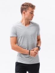 Klasyczna męska koszulka z dekoltem w serek BASIC - szary melanż V16 S1369 - M. Szare t-shirty Ombre Clothing, m, bez wzorów, bez kołnierzyka, bez ramiączek. W wyprzedaży za 29.99 zł.