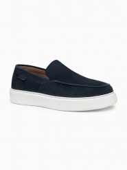 Męskie zamszowe półbuty slip on na grubej podeszwie – granatowe V4 - Rozmiar: 41. Niebieskie eleganckie półbuty Ombre Clothing, z aplikacjami, z gumy, bez obcasa, bez zapięcia. Za 425.99 zł.