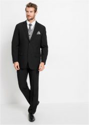 Garnitur ślubny z kamizelką i plastronem (5 części), Regular Fit. Czarne garnitury bonprix, na ślub cywilny, m, bez wzorów. Za 499.99 zł.