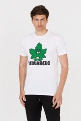 DSQUARED2 Męski biały t-shirt z zielonym liściem, Rozmiar XL. Białe t-shirty Dsquared2, m, bez wzorów, bez kołnierzyka, bez ramiączek. W wyprzedaży za 699.99 zł.