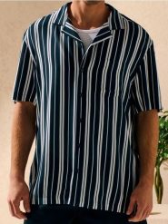 Koszula w paski z krótkim rękawem - granatowy. Niebieskie koszule Sinsay, l, bez wzorów, bez kołnierzyka, bez ramiączek. Za 39.99 zł.