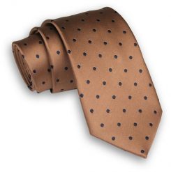 Brązowy Stylowy Klasyczny Męski Krawat -ALTIES- 7cm, Szeroki, w Granatowe Kropki, Groszki. Niebieskie krawaty i muchy Alties, bez wzorów, z tkaniny. Za 49.00 zł.
