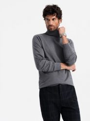 Jednokolorowy męski dzianinowy golf z wiskozą – szary melanż V2 OM-SWTN-0101 - XXL. Szare golfy Ombre Clothing, l, z aplikacjami, z dzianiny, bez ramiączek. W wyprzedaży za 79.99 zł.