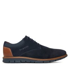 Półbuty Bugatti. Niebieskie eleganckie półbuty Bugatti, bez wzorów, bez obcasa, bez zapięcia. Za 309.99 zł.