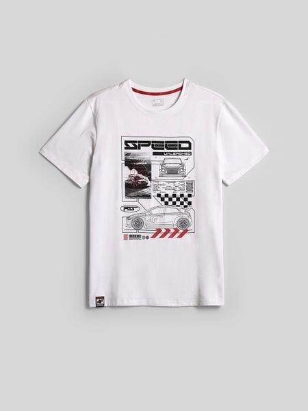 4F T-shirt regular z nadrukiem męski - biały M. Białe t-shirty 4F, m, bez wzorów, z bawełny, bez kołnierzyka, bez ramiączek. Za 79.99 zł.