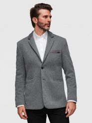 Dzianinowa męska marynarka o dopasowany kroju SLIM FIT - jasnoszara V2 - Rozmiar: XL. Szare garnitury Ombre Clothing, do pracy, m, bez wzorów, z bawełny. Za 379.99 zł.