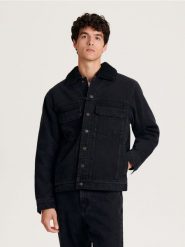 Jeansowa kurtka sherpa - czarny. Czarne kurtki Reserved, l, bez wzorów, z denimu, bez kaptura. Za 239.99 zł.