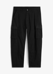 Spodnie bojówki, loose fit, z grubej bawełny ze stretchem, straight. Czarne joggery i bojówki bonprix, m, bez wzorów, z bawełny. Za 149.99 zł.